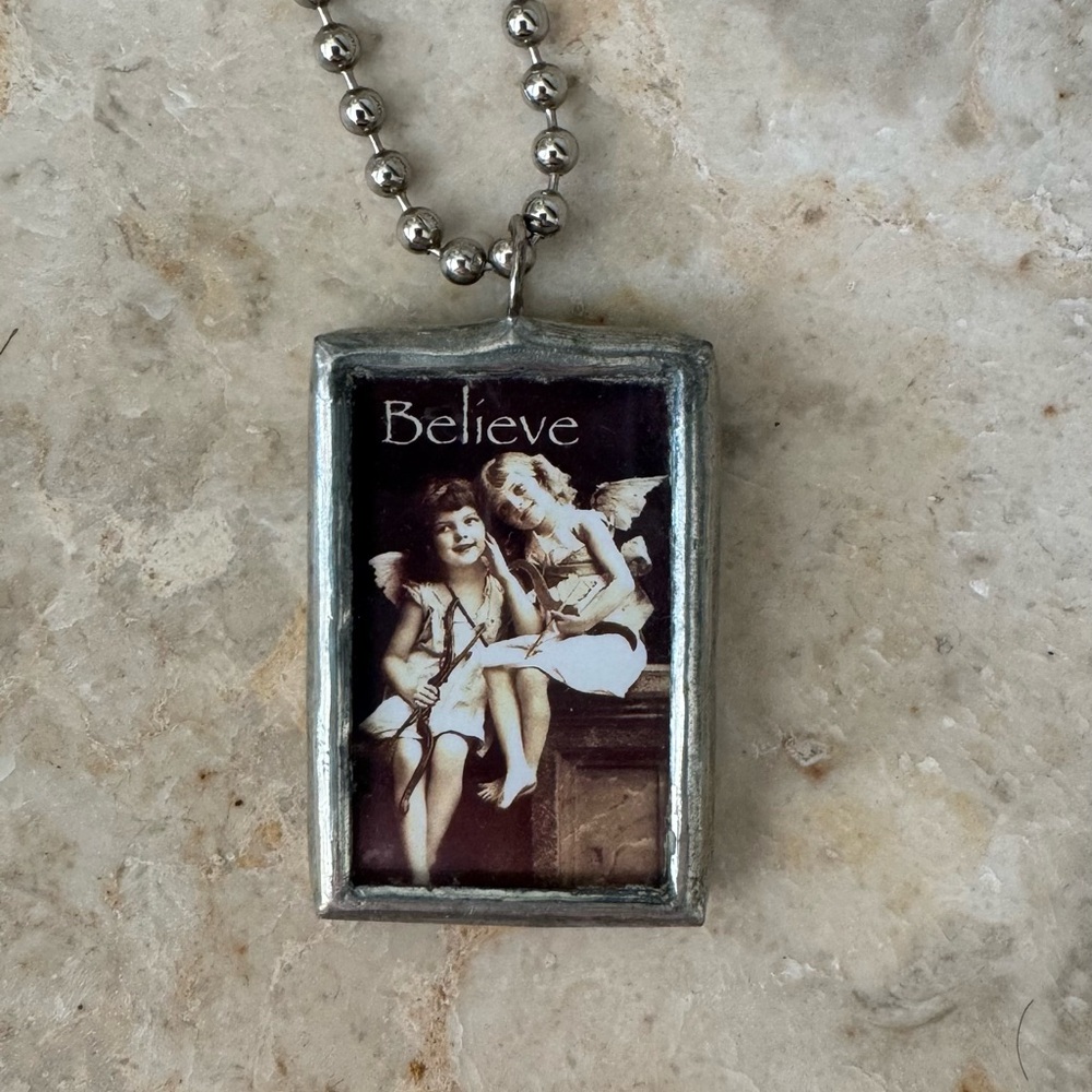Silver Pendant Necklace with Angel Design and Miracle Message - Reversible